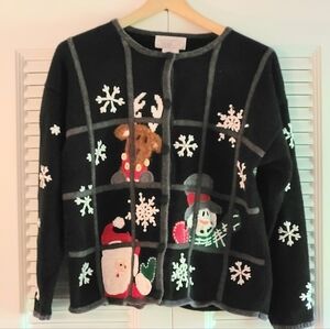 Black Knit Embroidered Christmas Sweater Cardigan Size Large